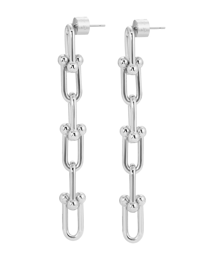 Front of a size one-size-fits-all Margaux 6"Link Drop Earrings Silver in Silver by Eklexic. | dia_product_style_image_id:282917